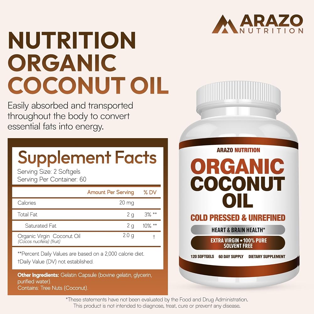 Arazo Nutrition Organic Coconut Oil 2000 MG - 120 Softgels - image 2