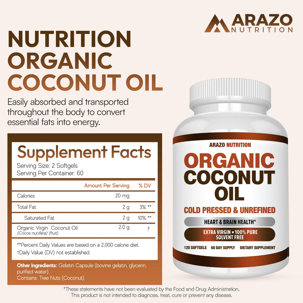 Arazo Nutrition Organic Coconut Oil 2000 MG - 120 Softgels - image 2