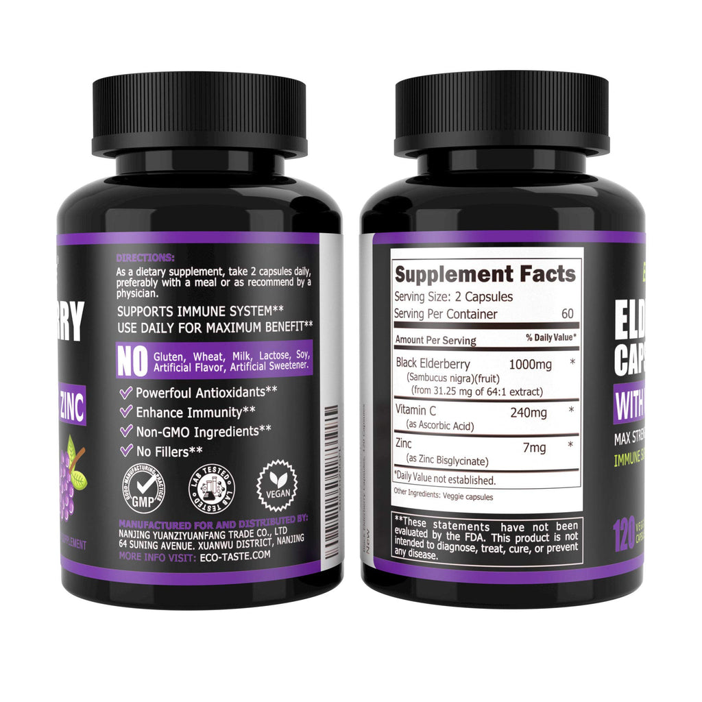 ECO-TASTE Black Elderberry Capsules with Zinc & Vitamin C - 120 Count - image 7