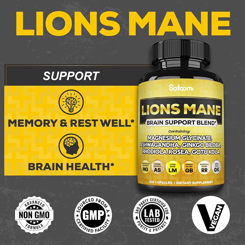 Satoomi Lions Mane Supplement with Magnesium & Ashwagandha - 210 Capsules - image 2