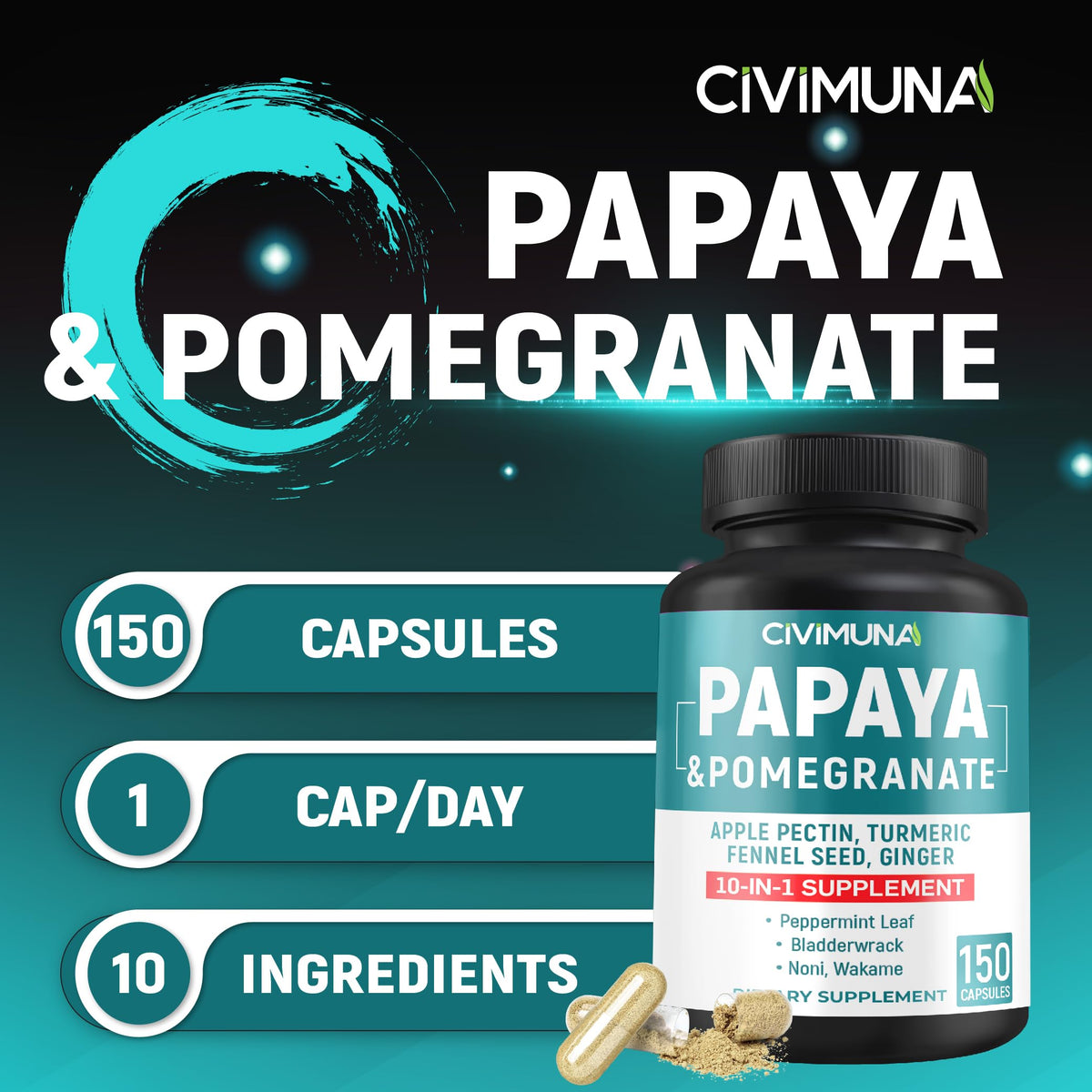 CIVIMUNA Papaya Capsules with Pomegranate & Apple Pectin - 150 Capsules - image 2