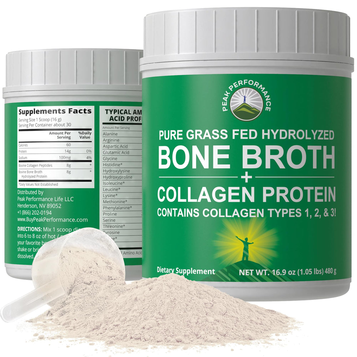 Peak Performance Hydrolyzed Bone Broth Collagen Protein Powder - 16.9 oz