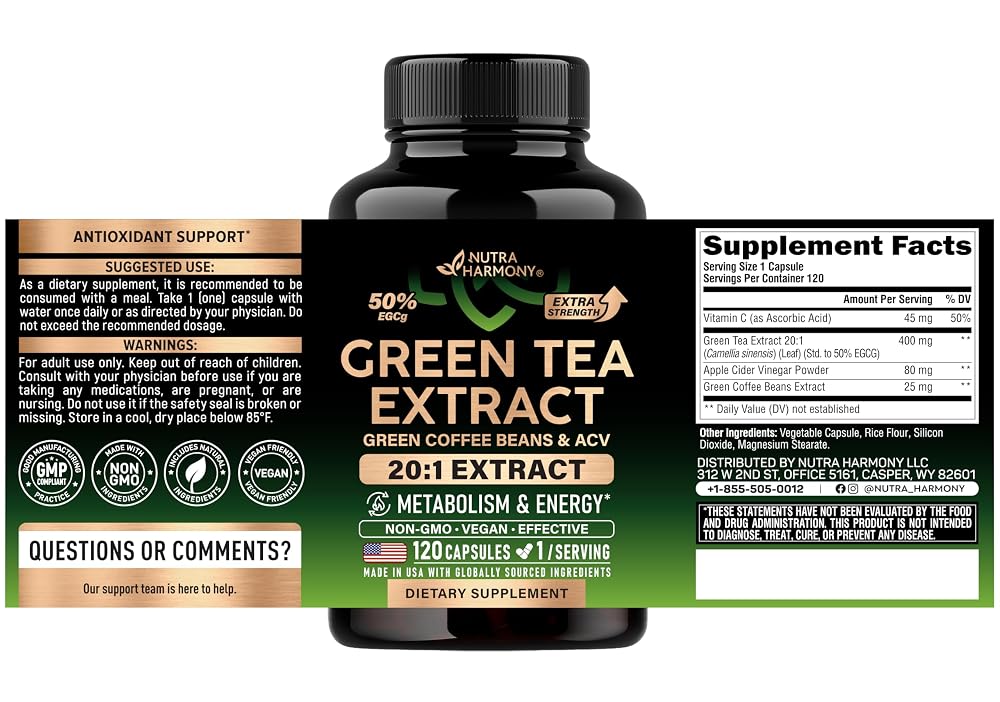 NUTRAHARMONY Green Tea Extract 20:1 with Green Coffee Bean - 120 Capsules - image 2