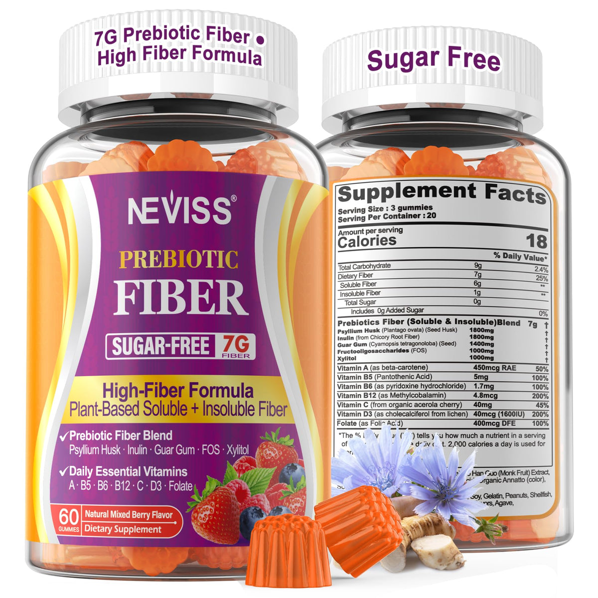 NEVISS Psyllium Husk Fiber Gummies Sugar Free
