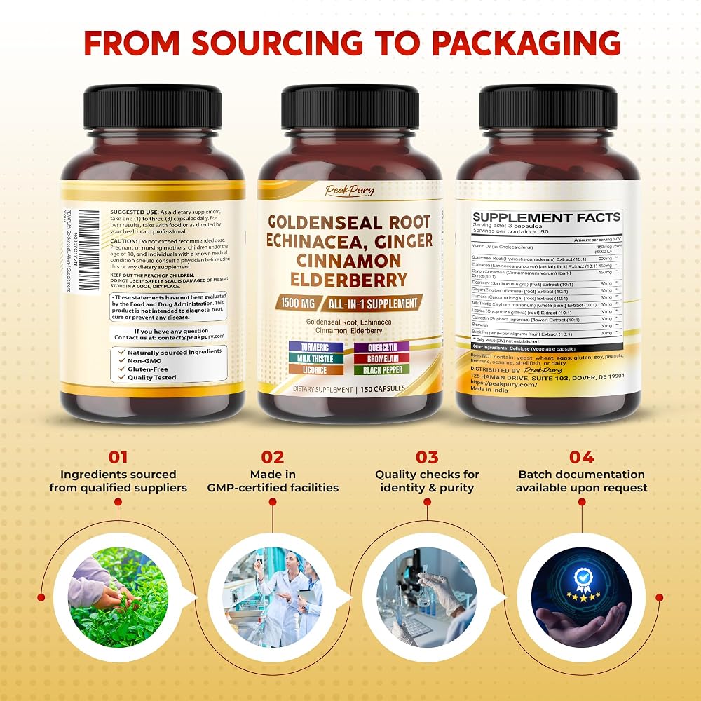 PeakPury Goldenseal Root 1500 mg with Echinacea - 150 Capsules - image 6