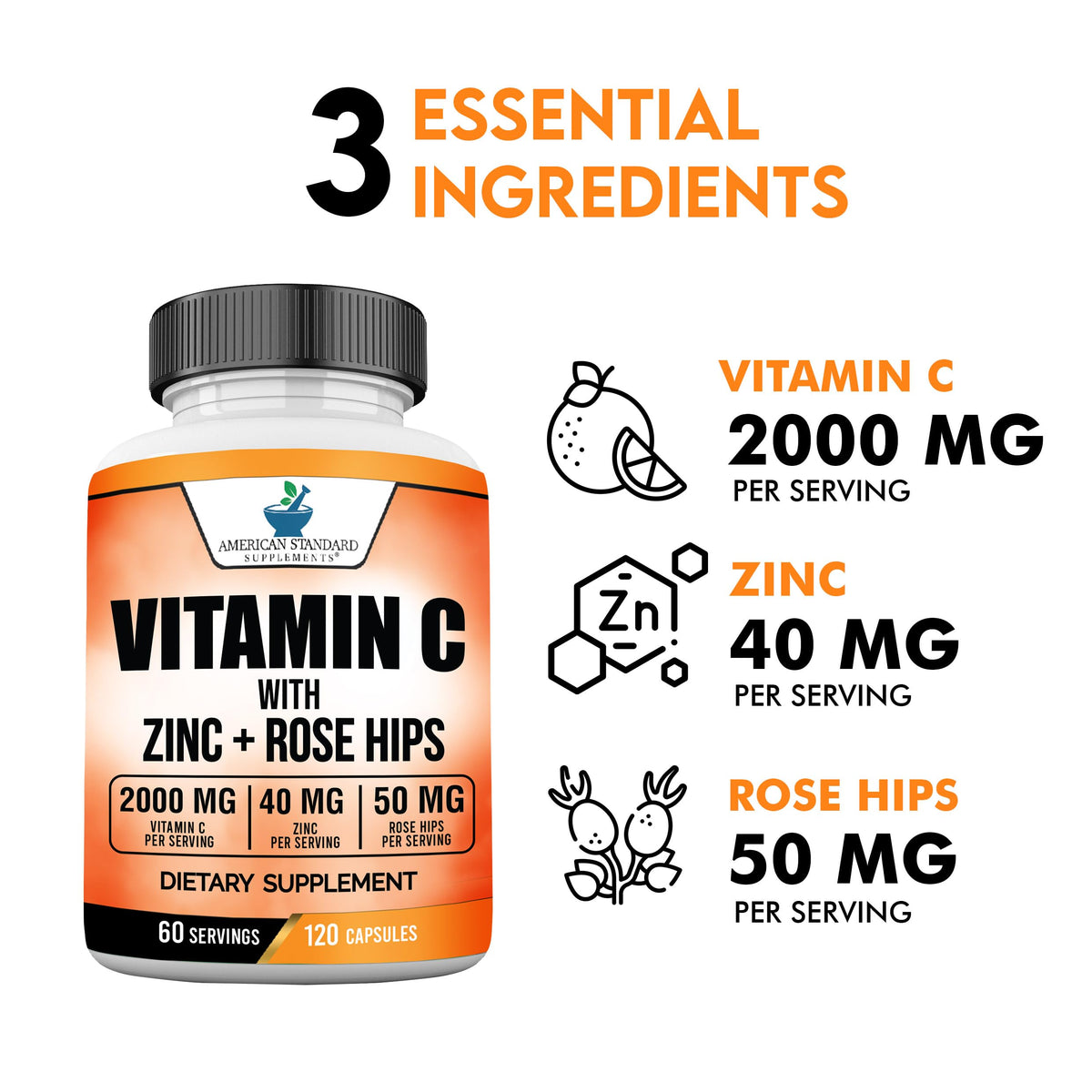 American Standard Supplements Vitamin C 2000mg with Zinc - 120 Capsules - image 3
