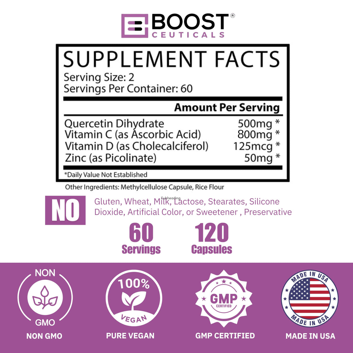 BoostCeuticals Quercetin with Zinc 500mg - 120 Vegan Capsules - image 5