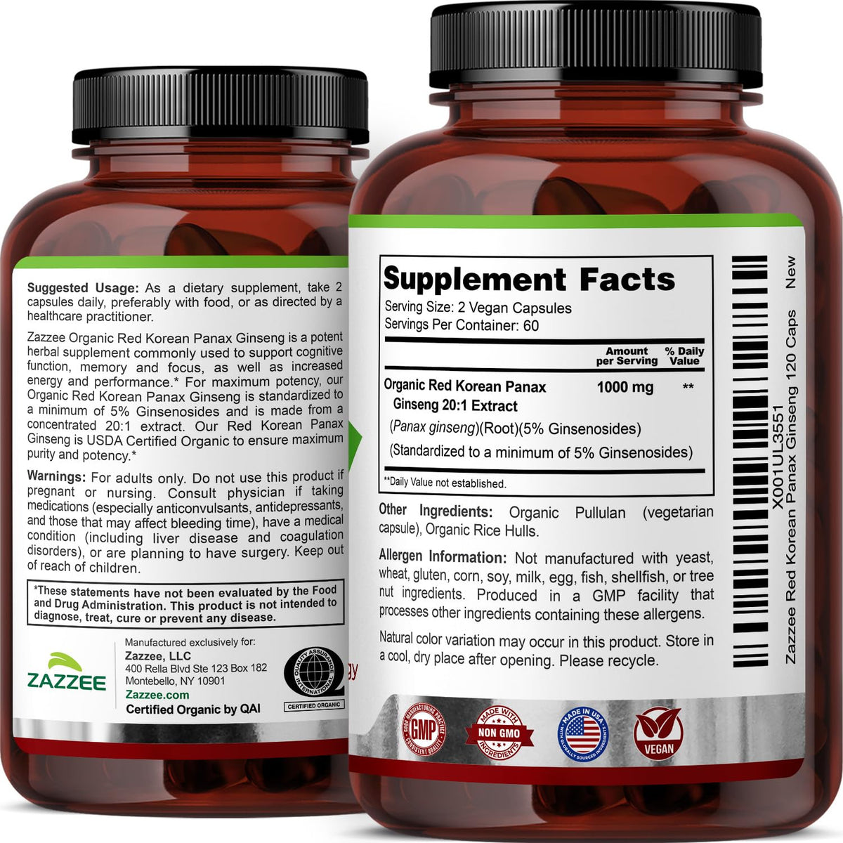 Zazzee USDA Organic Red Korean Panax Ginseng 20:1 Extract - 120 Capsules - image 8