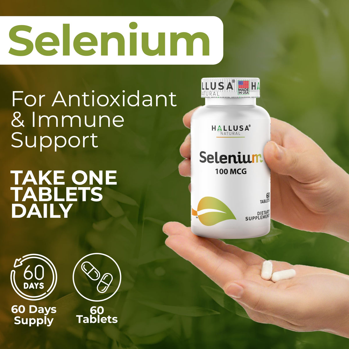 Hallusa Natural Selenium 100mcg Thyroid & Immune Support - 60 Tablets - image 5