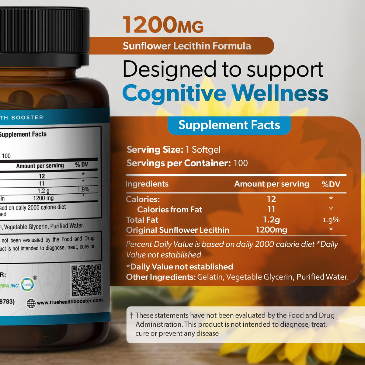 TRUEMED Organic Sunflower Lecithin 1200mg Brain Support - 100 Softgels - image 3