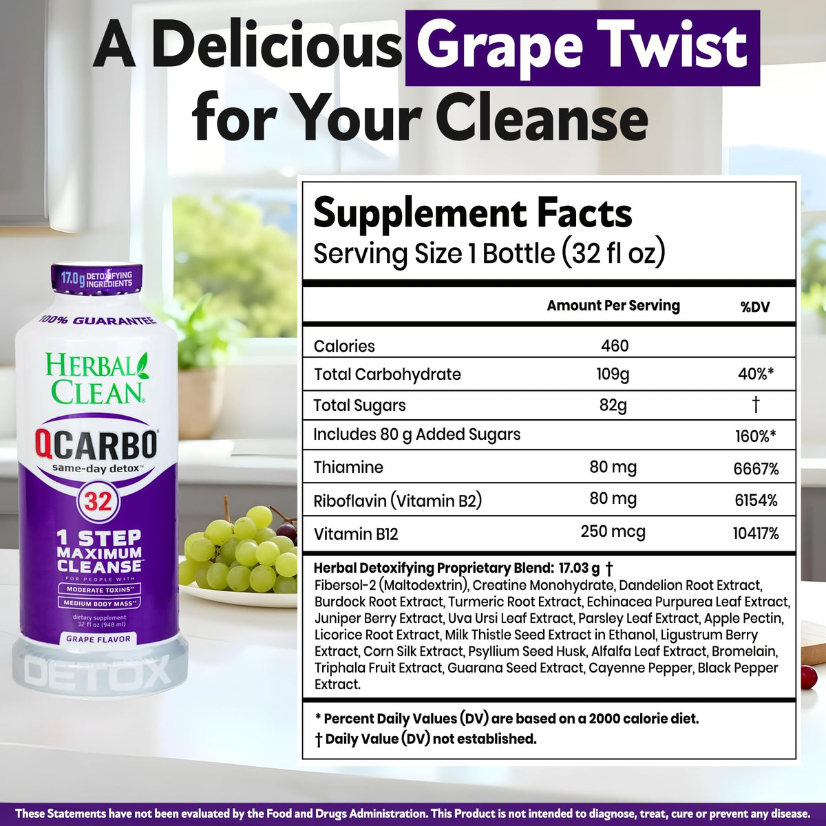 Herbal Clean Qcarbo32 Same Day Detox Cleanse Drink (32 fl oz) - Grape - image 4
