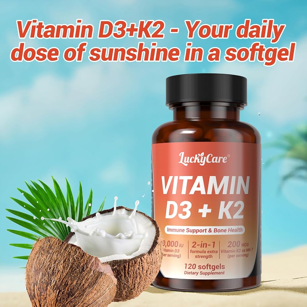 Luckycare D3 K2 Vitamin, 10000 IU Vitamin D3 + 200mcg Vitamin K2 MK-7