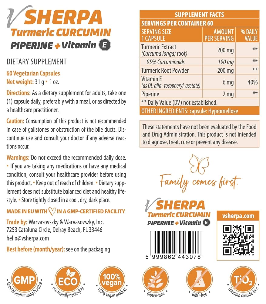 vSherpa Turmeric Curcumin with Piperine & Vitamin E - 60 Capsules - image 5