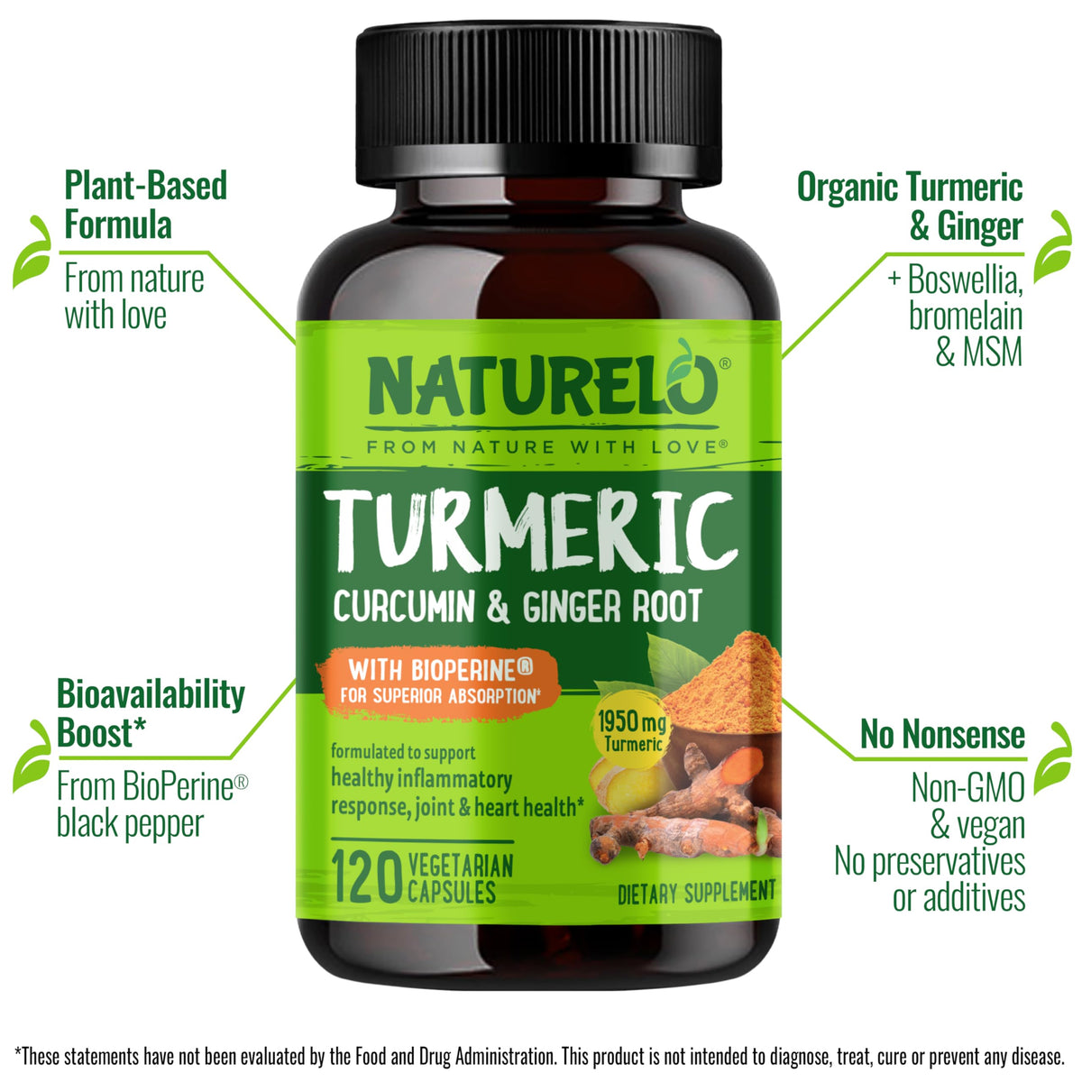 NATURELO Turmeric Curcumin with BioPerine Joint Support - 240 Capsules - image 2
