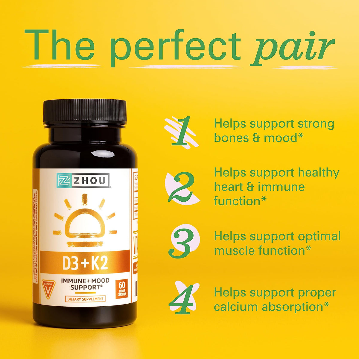 ZHOU Vitamin D3+K2 Supplement Bone Support - 60 Vegetarian Capsules - image 3