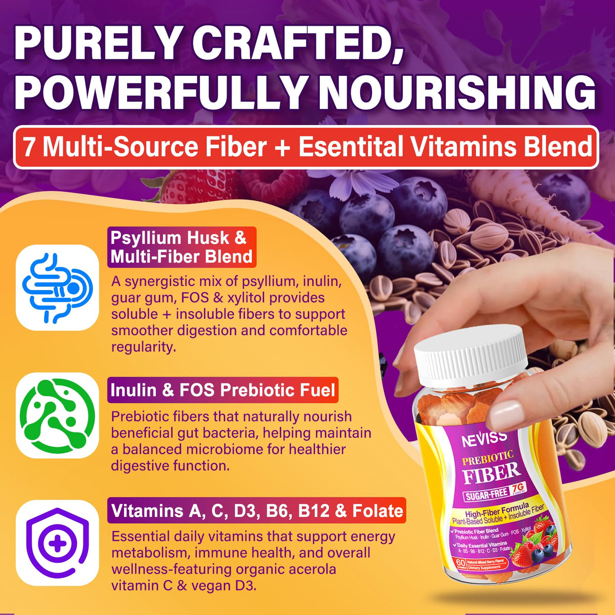 NEVISS Psyllium Husk Fiber Gummies Sugar Free