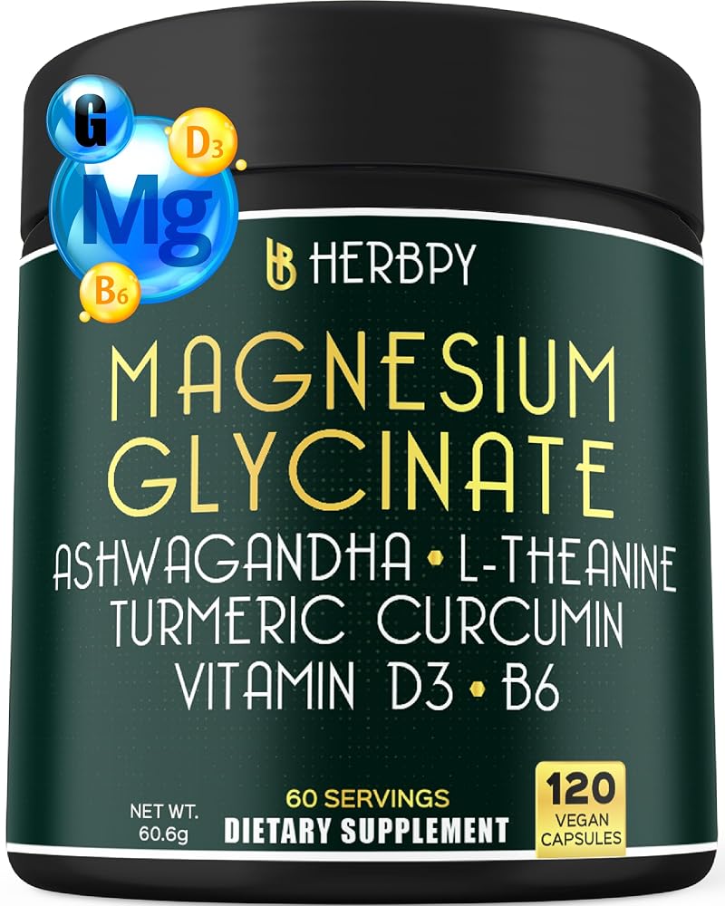 Herbpy Magnesium Glycinate Ashwagandha L-Theanine - 120 Capsules