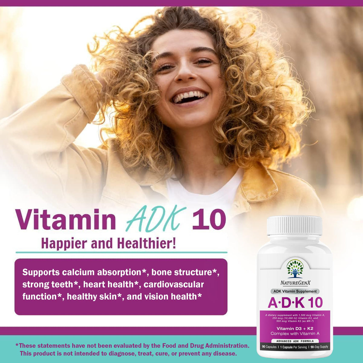 NatureGenX ADK10 Vitamin A D3 K2 Bone Health - 90 Capsules - image 5