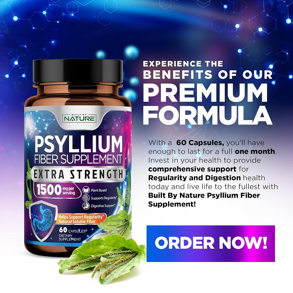 Built by Nature Psyllium Husk Capsules 1500mg Fiber Supplement