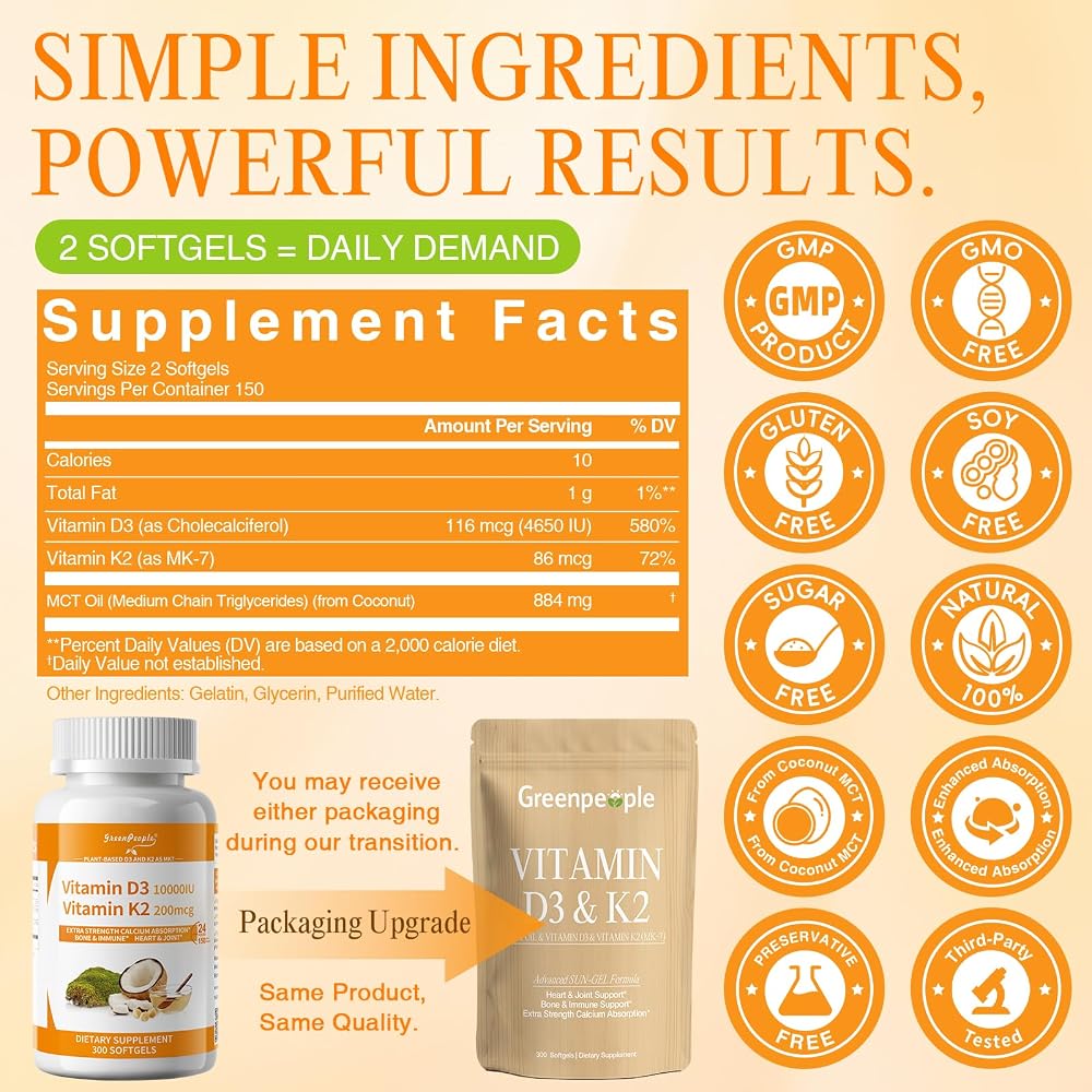 GREENPEOPLE Vitamin D3 K2 MK-7 Softgels Supplement - 300 Softgels - image 2