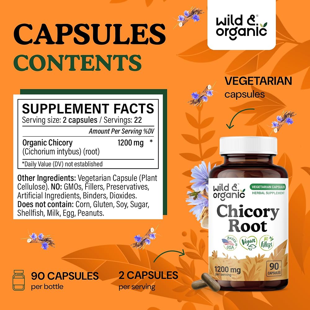 Wild & Organic Chicory Root Fiber Capsules - 1200 mg of Chicory Root