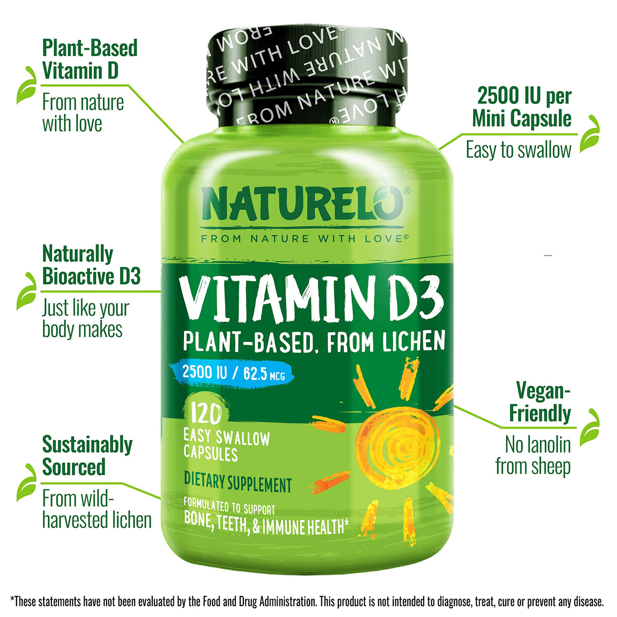 Naturelo Unflavored vitamin D3 Capsules bottle bone