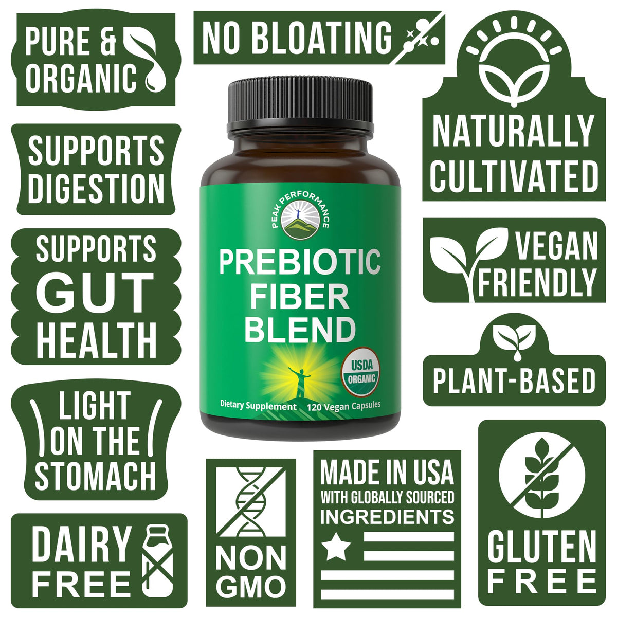 Peak Performance Organic 3-in-1 Prebiotic Fiber Vegan Capsules - 120 Count - image 3