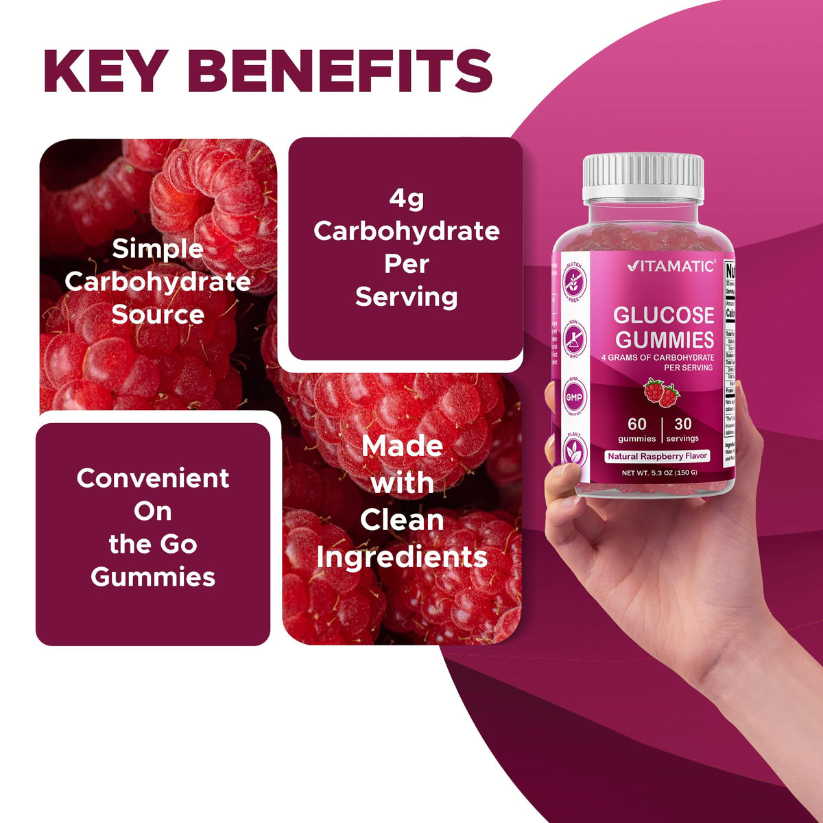 Vitamatic Glucose chewable Gummies - 60 Count - Natural Raspberry