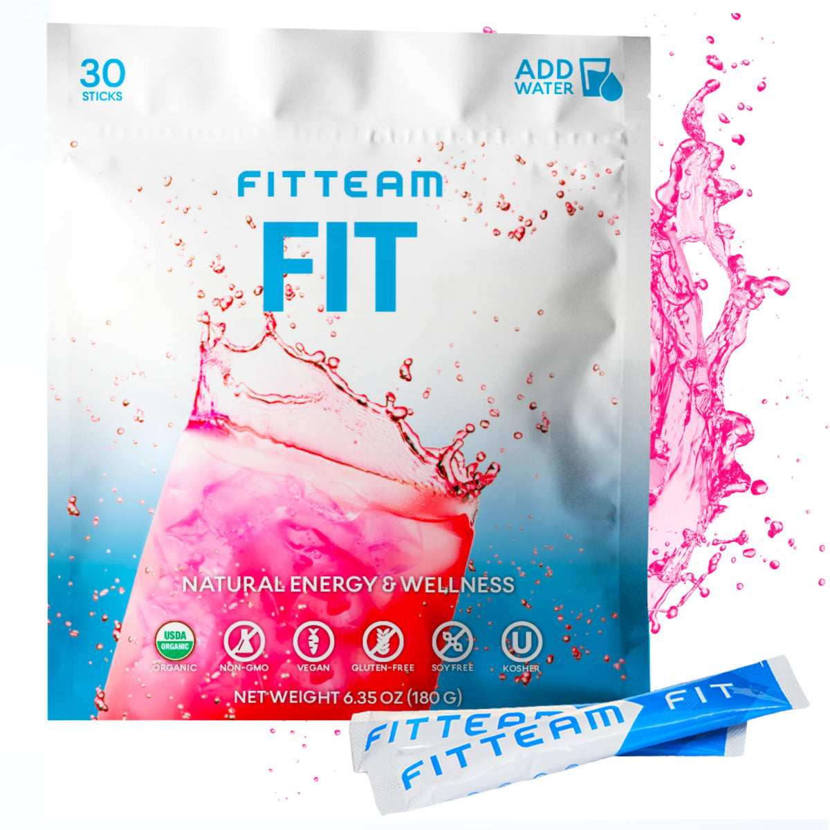 FITTEAM Fit Sticks Organic Energy Drink Mix - 30 Stick Packs