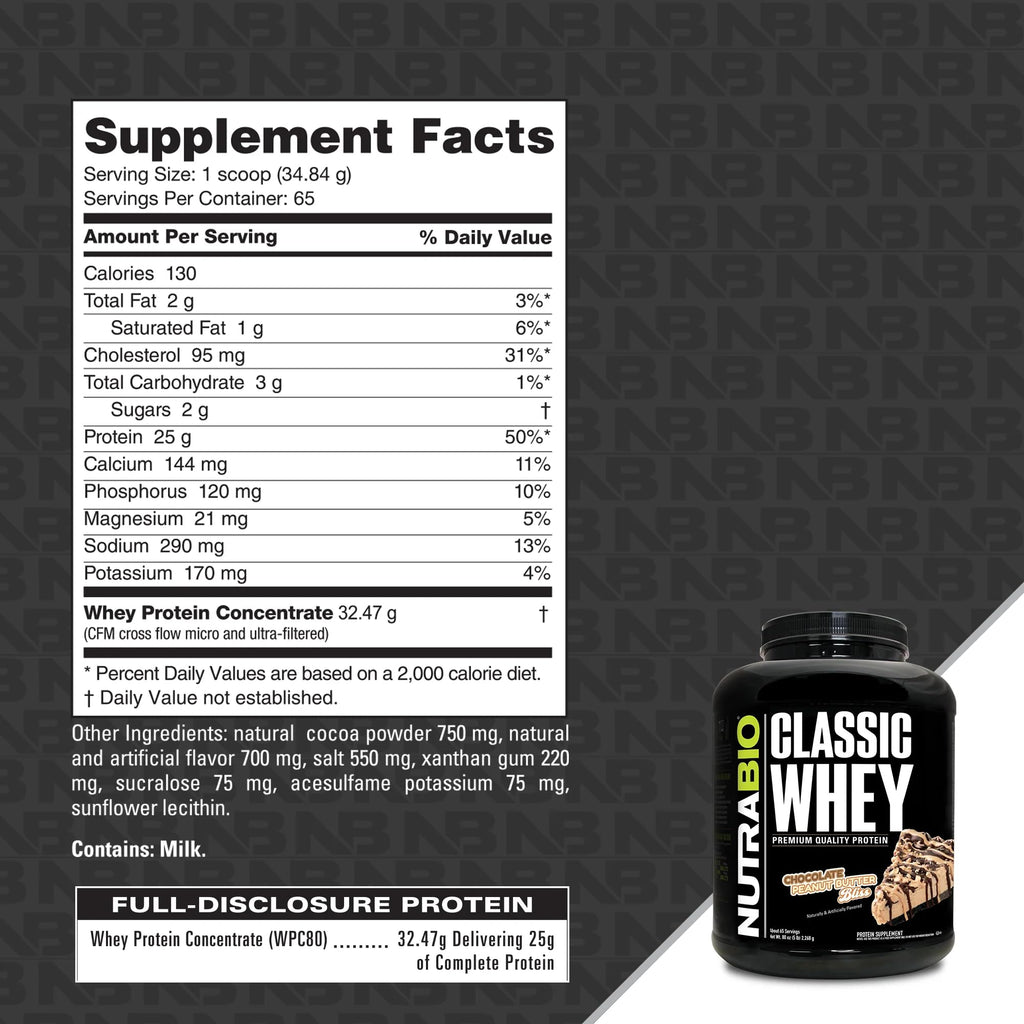 NutraBio Classic Whey Protein Powder Supplement - 25g of Protein Per