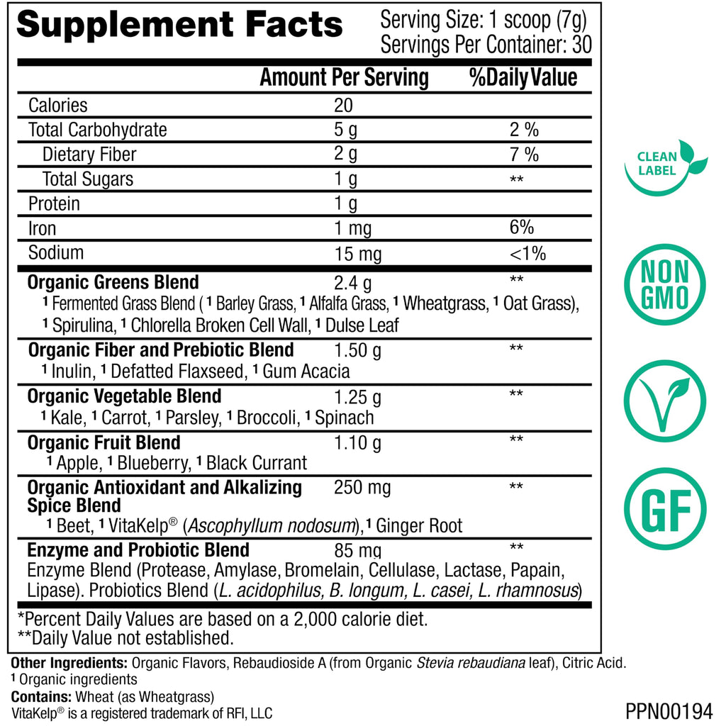 Peak Pure & Natural Greens Powder with Enzymes & Probiotics - 30 Servings - image 2