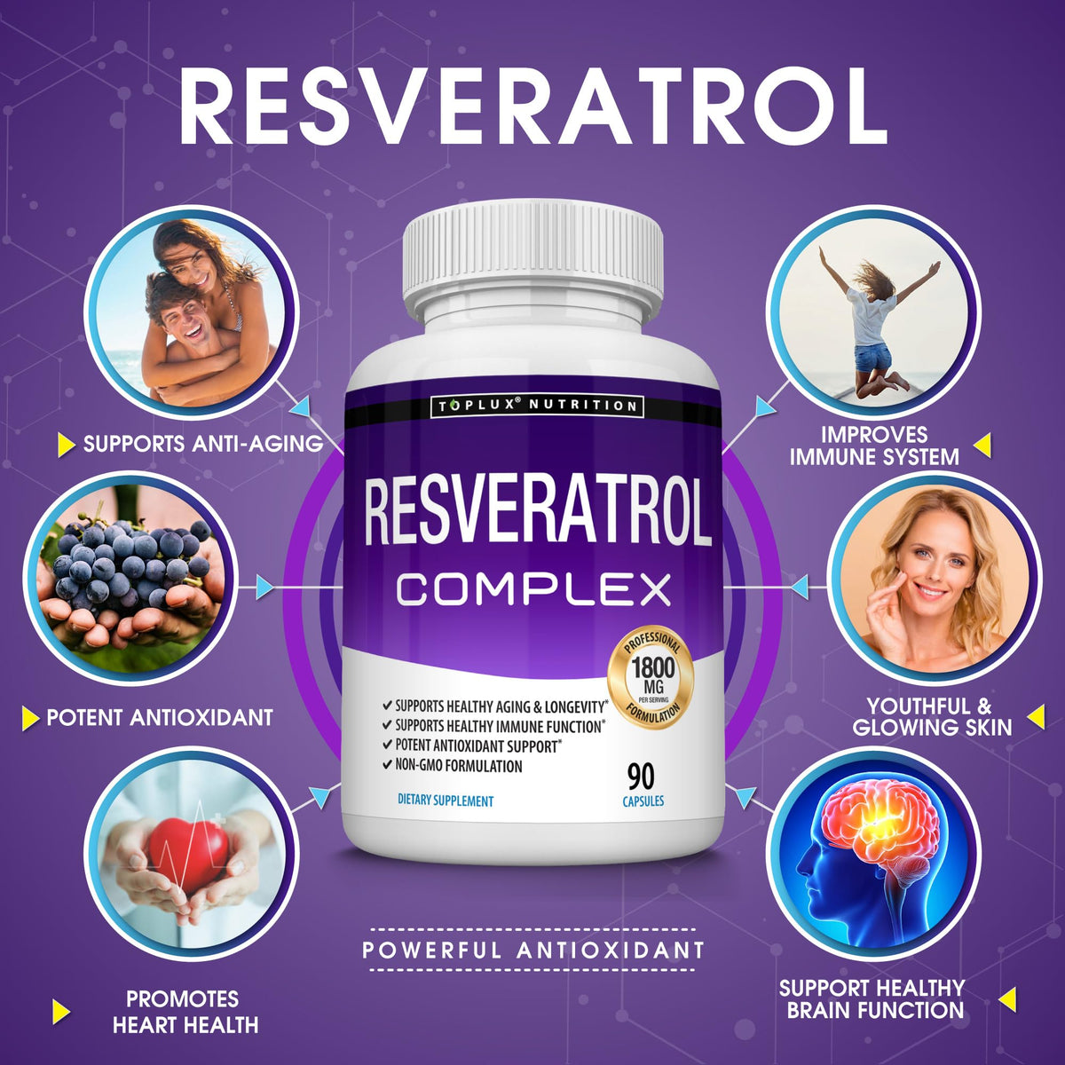 Toplux Resveratrol Supplement 1800 mg Antioxidant Complex - 90 Capsules - image 2