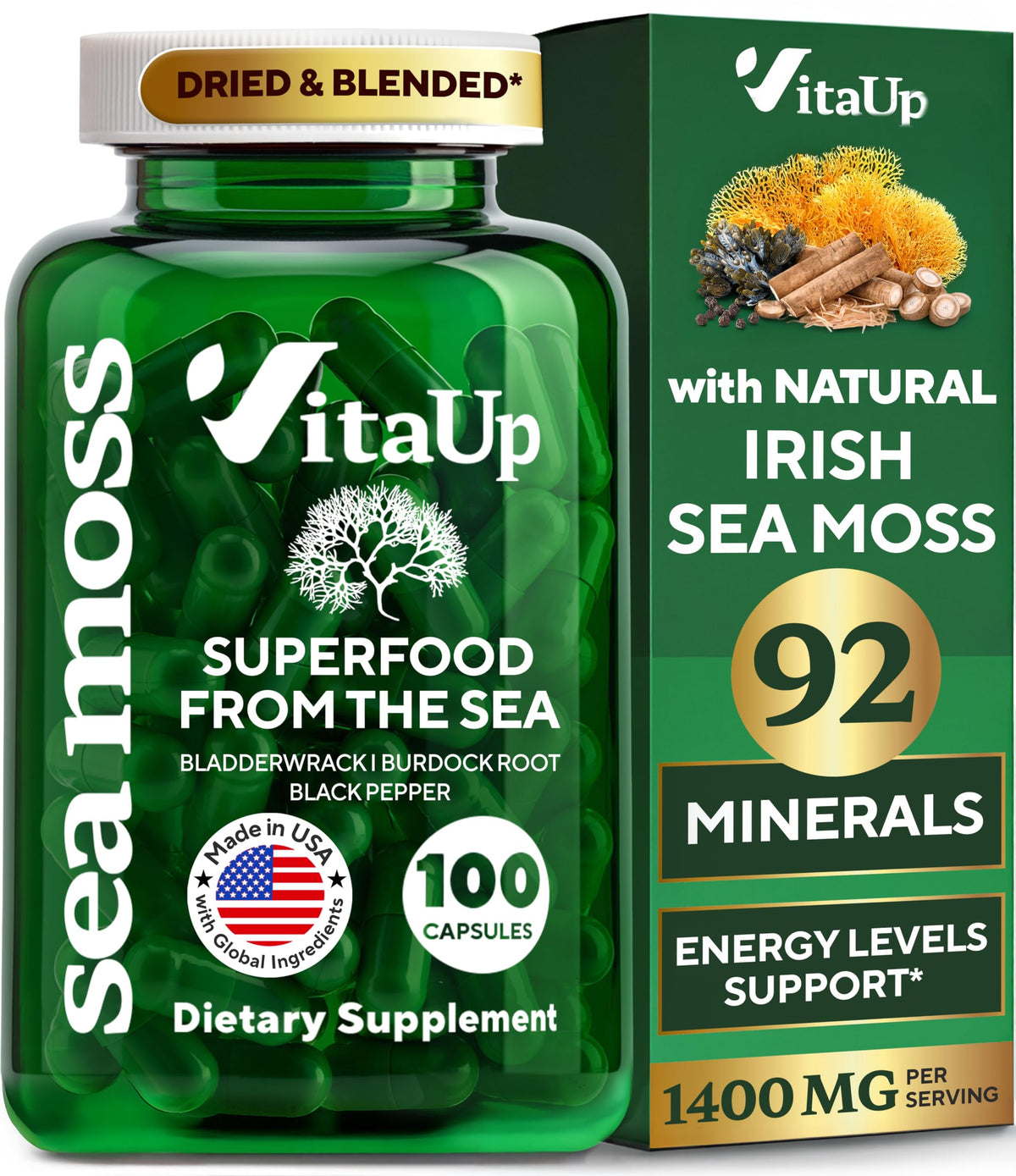 VitaUp Wildcrafted Irish Sea Moss Capsules with Burdock Root