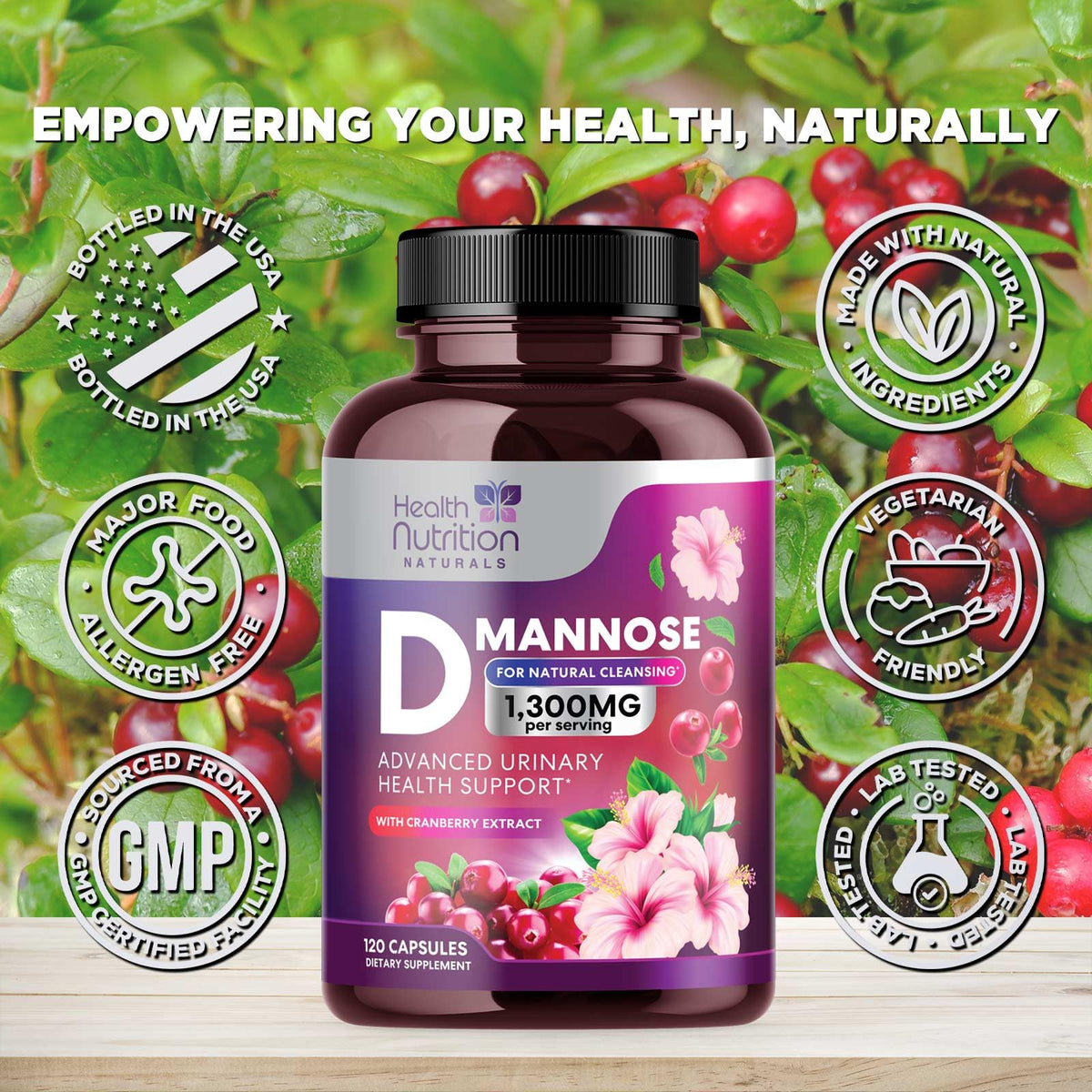 Health Nutrition Naturals D-Mannose 1300mg - Fast-Acting Organic D