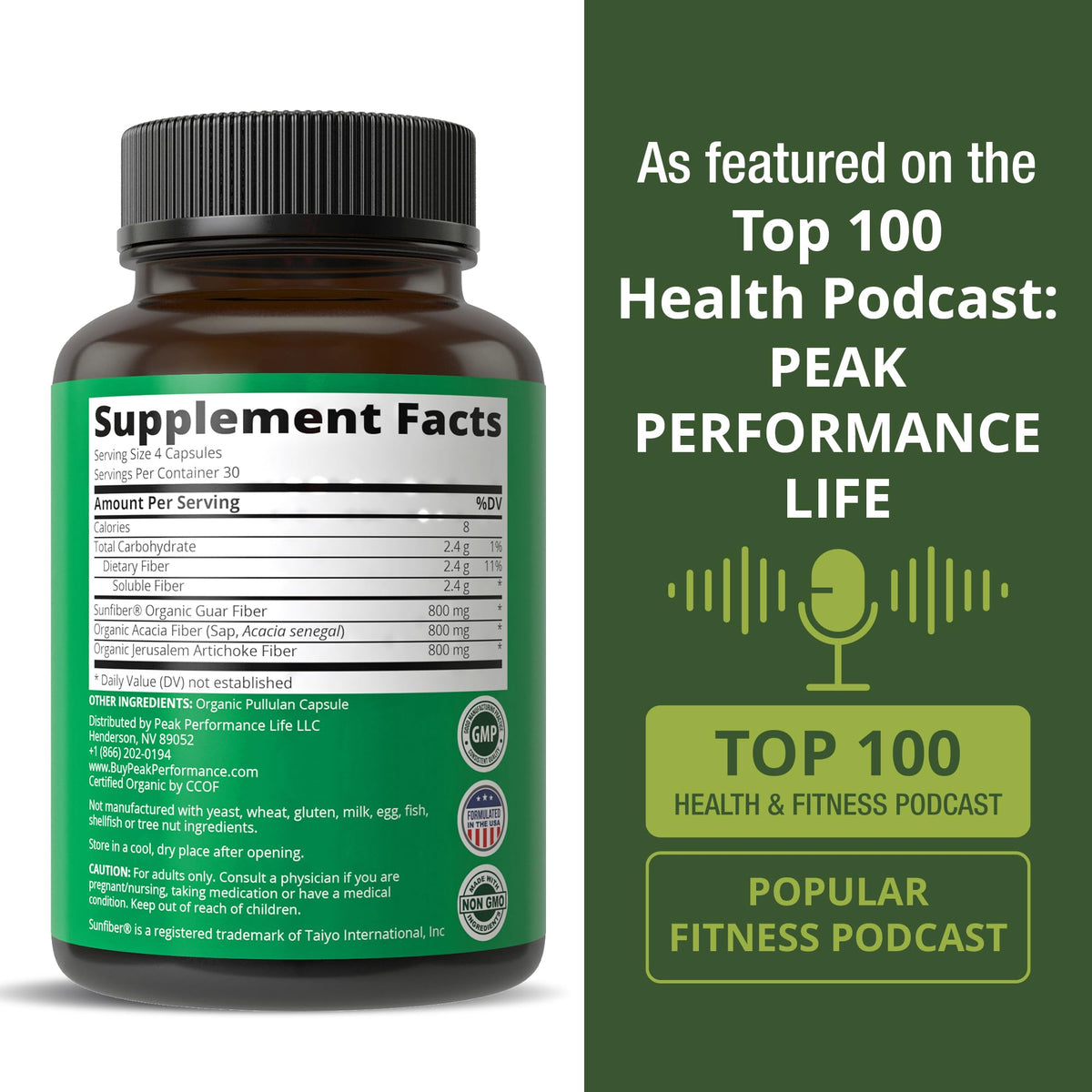Peak Performance Organic 3-in-1 Prebiotic Fiber Vegan Capsules - 120 Count - image 6
