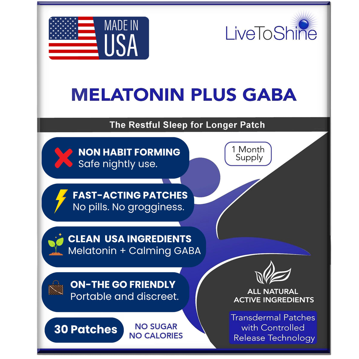Live To Shine Melatonin Sleep Patches with GABA - 30 Patches