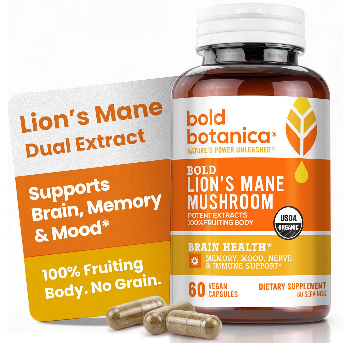 Bold Botanica Organic Lion's Mane Mushroom Extract Brain Health - 60 Capsules