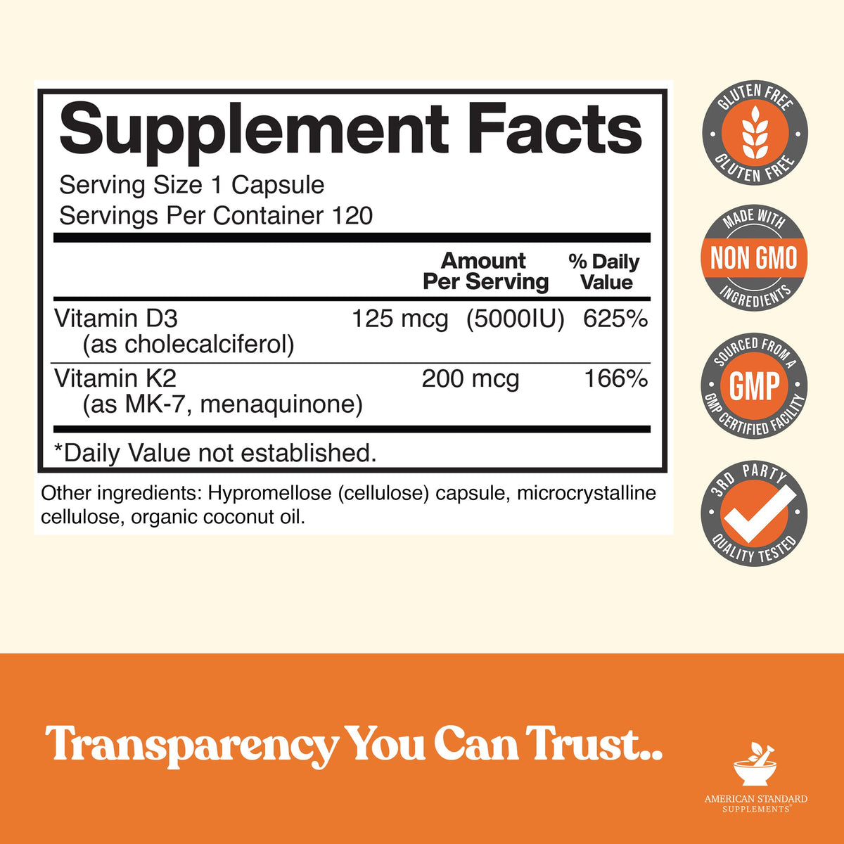 American Standard Supplements Vitamin D3 5000 IU Plus K2 - 120 Capsules - image 2
