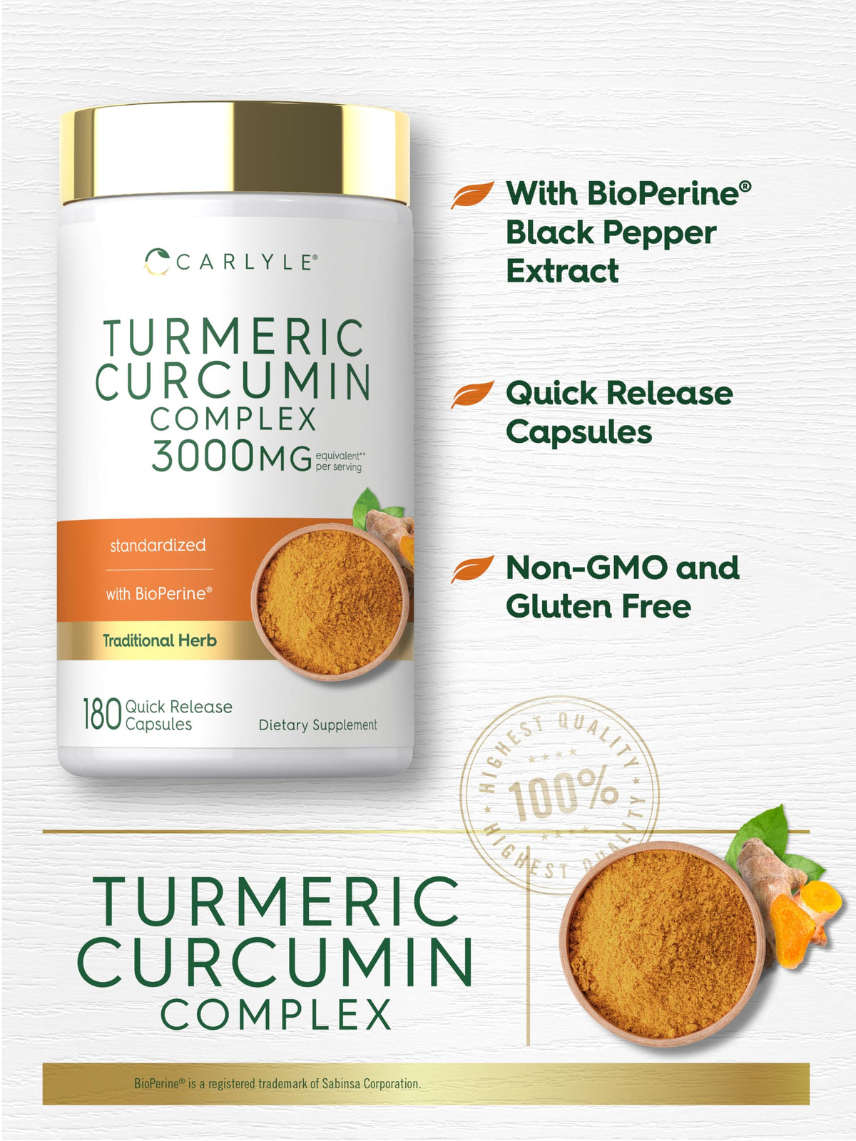 Carlyle Turmeric Curcumin Supplement with Black Pepper - 180 Capsules - image 4