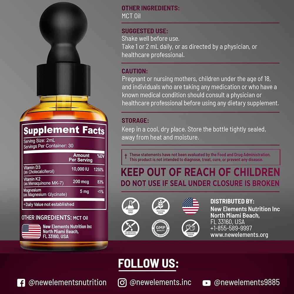 New Elements Liquid Vitamin D3 with K2 & Magnesium Glycinate - image 5