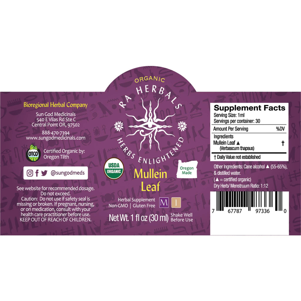 Sun God Medicinals Ra Herbals Organic Mullein Leaf Liquid Extract - 1 fl oz - image 2