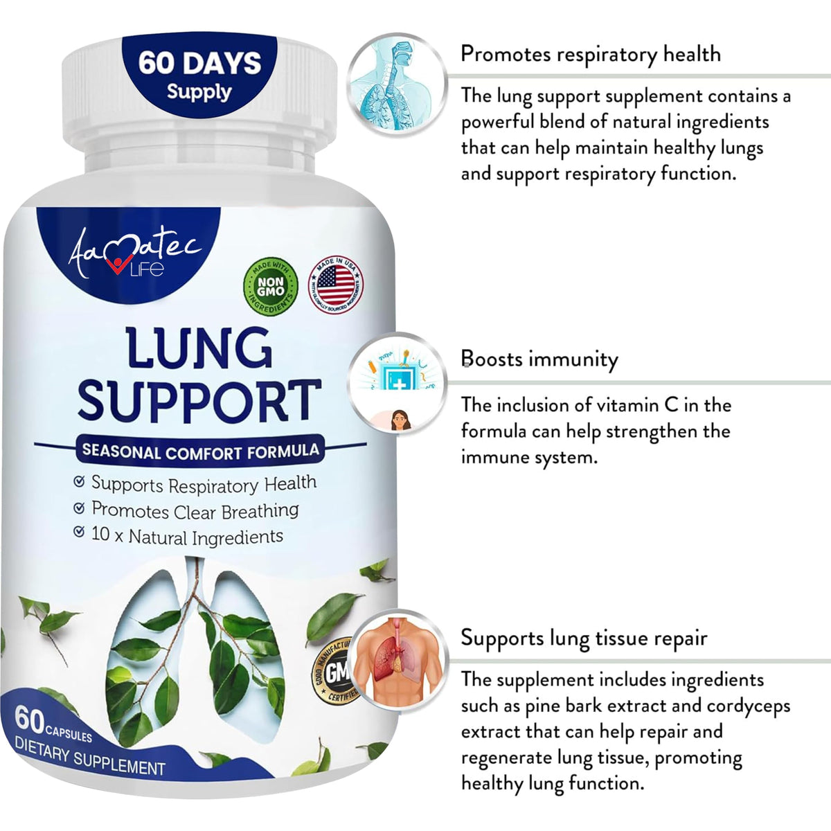 AAMATEC LIFE Lung Support Supplement Herbal Breathing - 60 Capsules - image 8