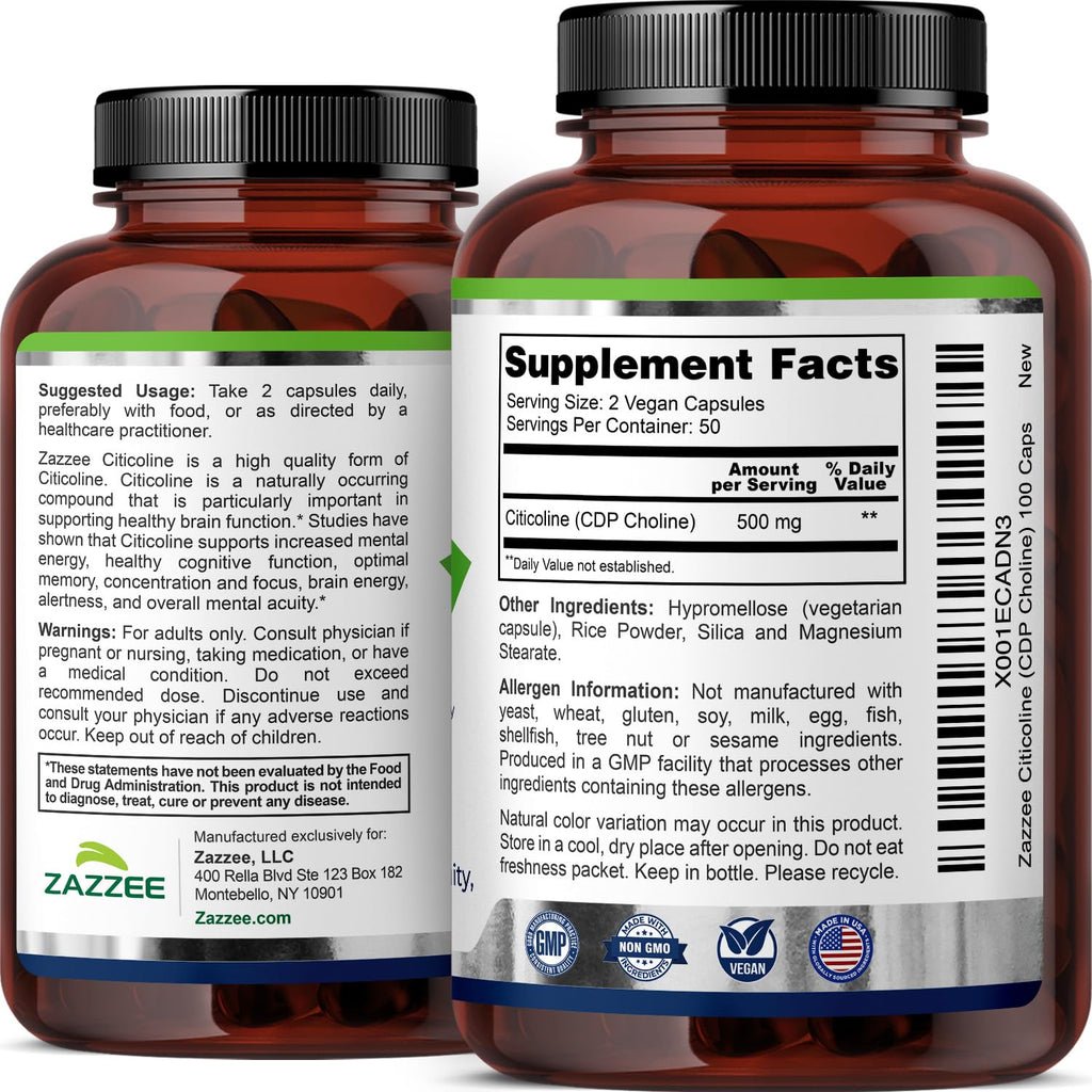 Zazzee Extra Strength Citicoline 500 mg - 100 Vegan Capsules - image 8