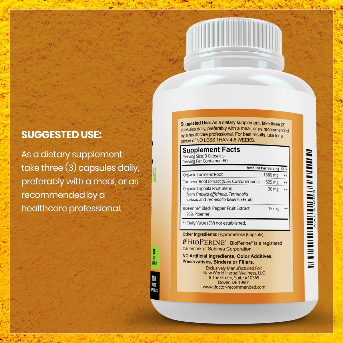 Doctor Recommended Supplements Turmeric Curcumin 750mg - 180 Vegetarian Capsules - image 2