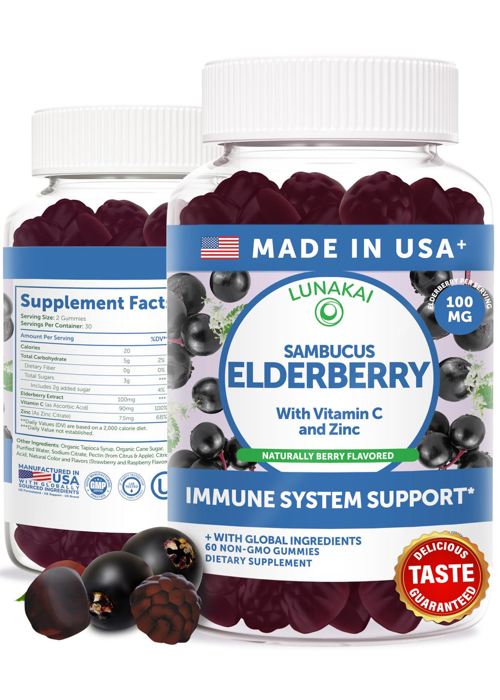 Lunakai Black Sambucus Elderberry Gummies Immune Support - 60 Count