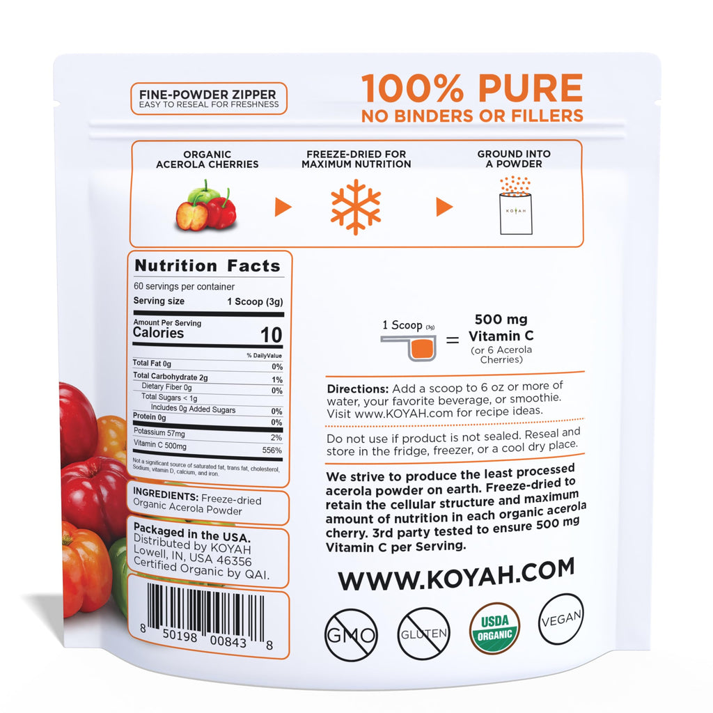 KOYAH Organic Acerola Powder Freeze-Dried Vitamin C - 60 Servings - image 3
