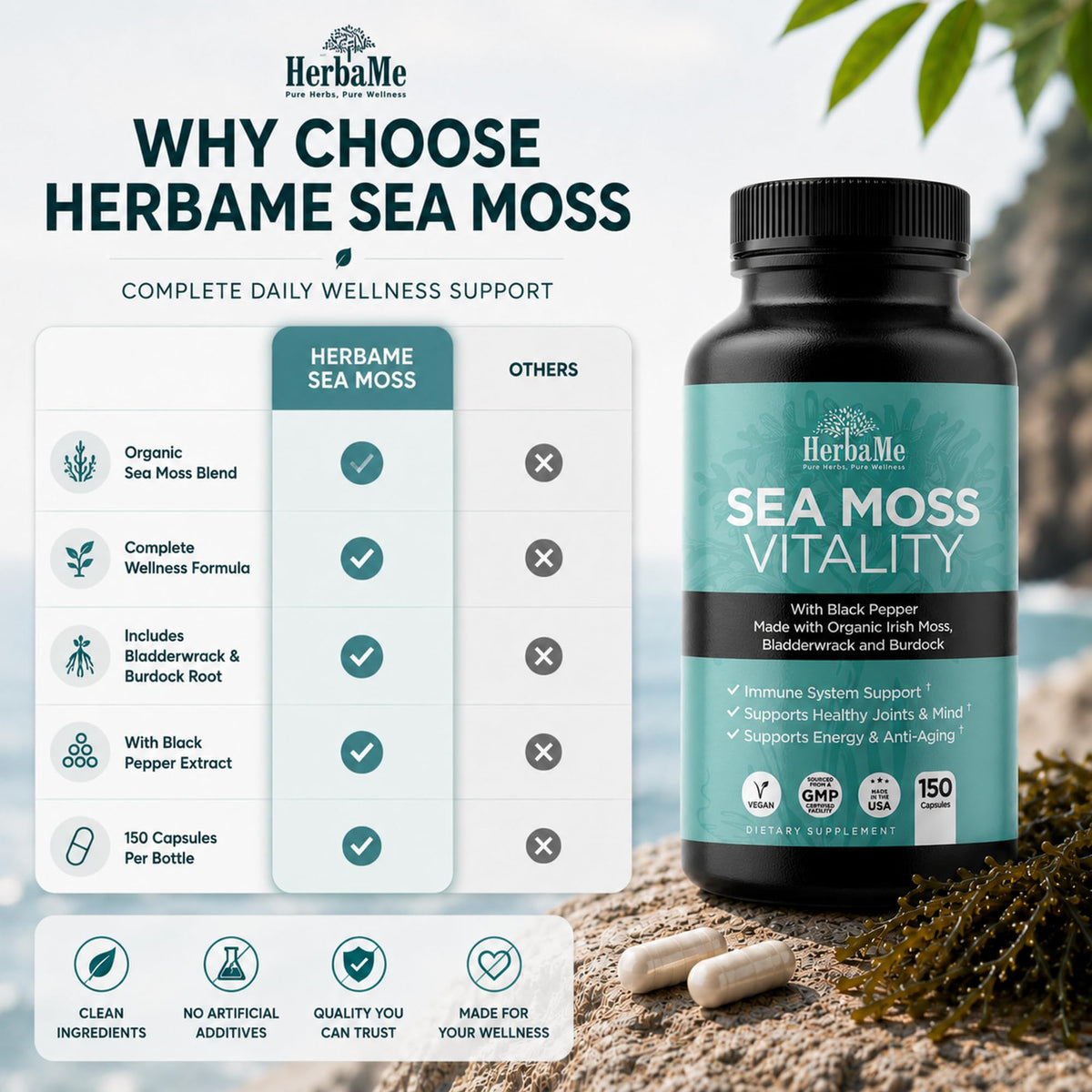 HerbaMe Organic Irish Sea Moss with Bladderwrack & Burdock - 150 Capsules - image 5