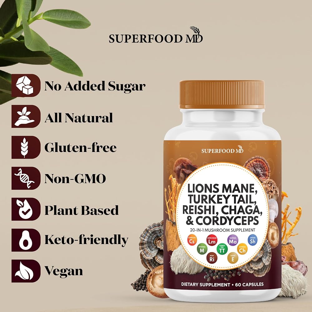 Superfood MD Lions Mane Mushroom Supplement with Turkey Tail Reishi