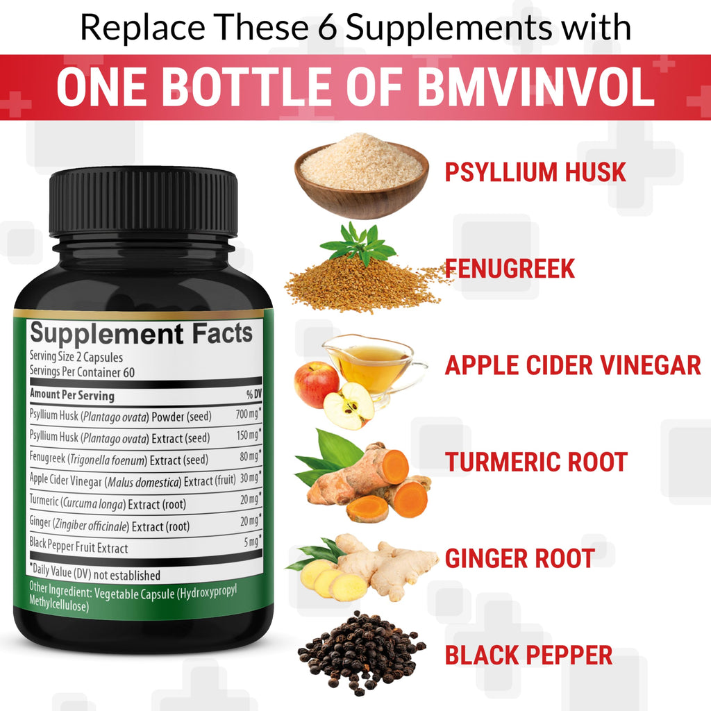 BMVINVOL Psyllium Husk Fiber Supplement Digestion Support - 120 Capsules - image 4