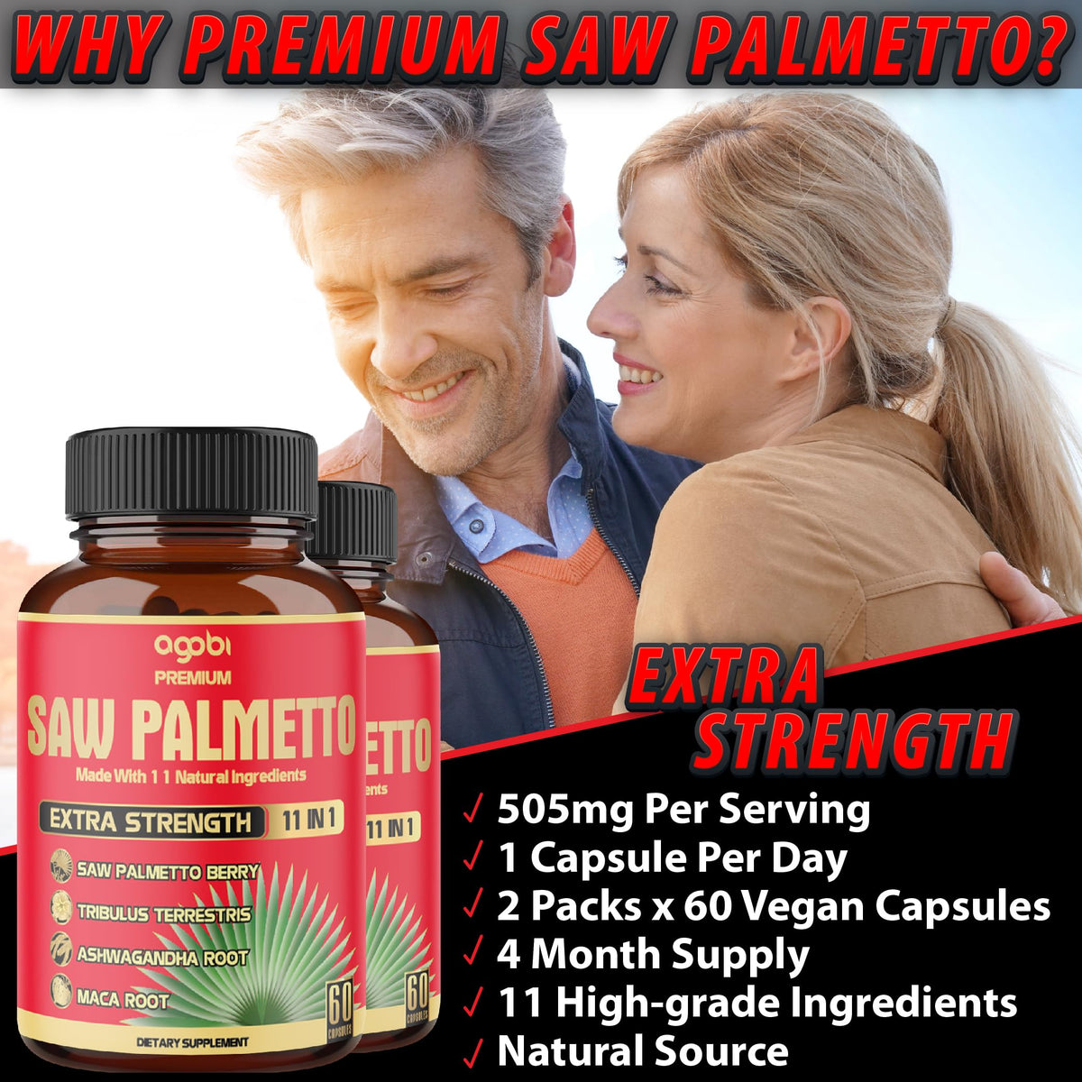 Agobi Saw Palmetto 5300 mg with Ashwagandha & Turmeric - 120 Capsules - image 5